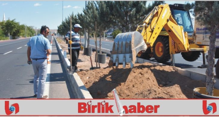 Nevşehir Yolunda Orta Refüj Yeşillendirme Çalışması Yapıyor